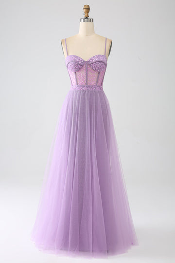 A-Line Lilac Spaghetti Straps Abito da ballo corsetto lungo